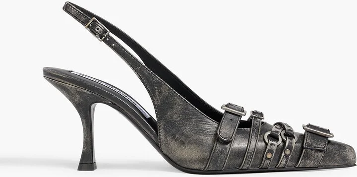 Buckled distressed leather slingback pumps