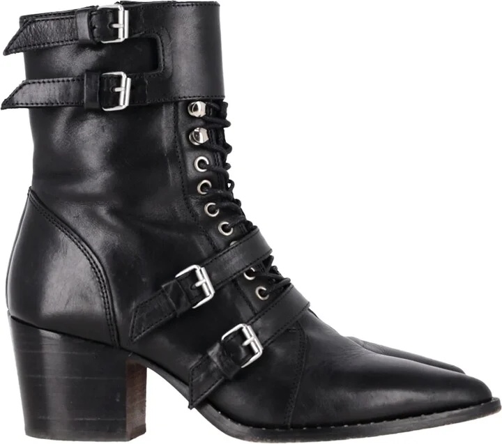Buckled Lace-up Ankle Boots in Black Leather