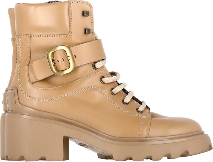 Buckled Lace-Up Heeled Combat Boots in Brown Calfskin Leather