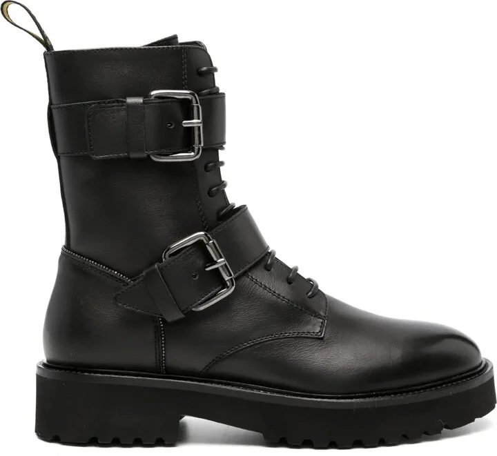 Buckled Lace-Up Leather Boots