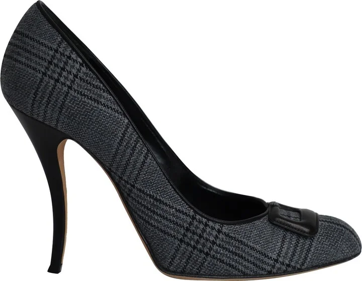 Buckled Plaid Pumps in Grey Cotton
