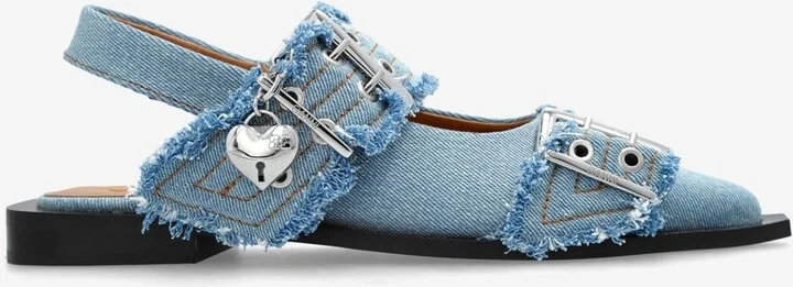 Buckled Pointed-Toe Denim Flats