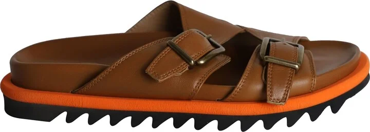 Buckled Slides in Tan Leather