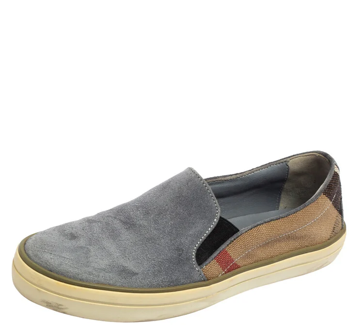 Burberry Ash Blue Suede and House Check Canvas Slip-On Sneakers Size 36.5