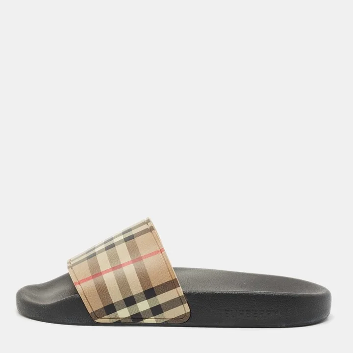Burberry Beige/Black House Check Rubber Furley Flat Slides Size 38