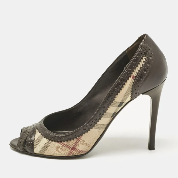 Burberry Beige/Brown Check Canvas and Brogue Leather Peep Toe Pumps Size 38