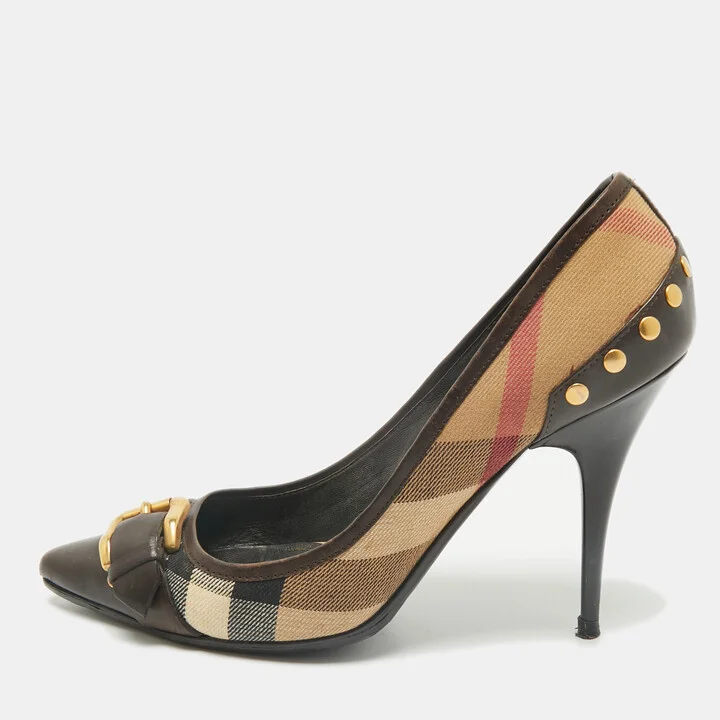 Burberry Beige/Brown Leather and Nova Check Canvas Pointed Toe Pumps Size 37