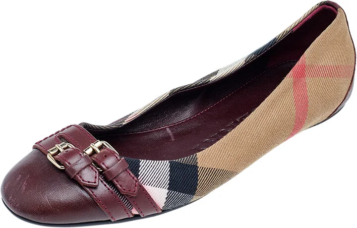 Burberry Beige/Burgundy Nova Check Canvas And Leather Ballet Flats Size 35