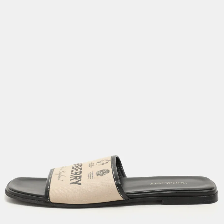 Burberry Beige Canvas Carolyn Logo Flat Slide Sandals Size 39