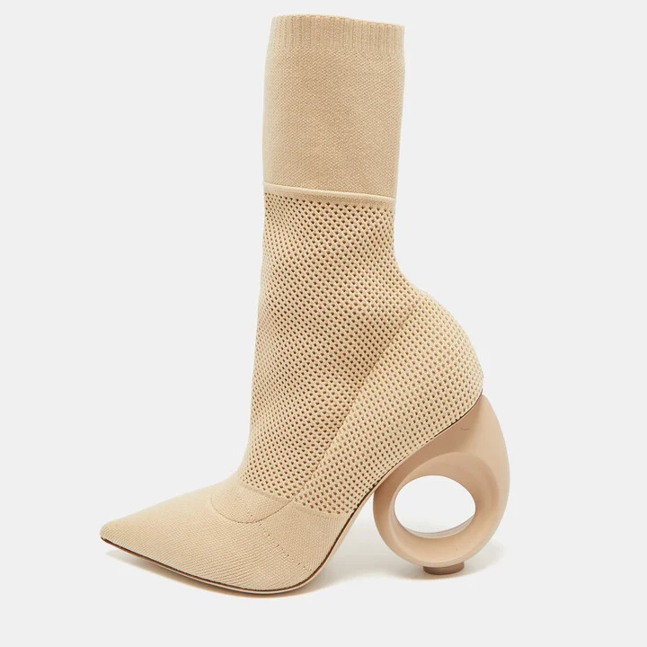 Burberry Beige Knit Fabric Sculpted Heel Ankle Length Boots Size 39