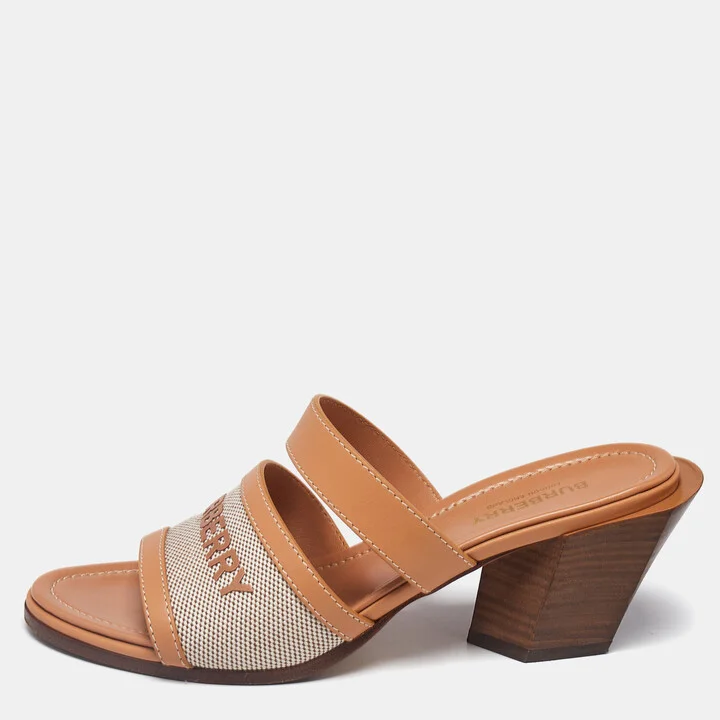 Burberry Beige/Tan Canvas and Leather Honour Slide Sandals Size 37