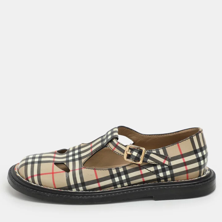 Burberry Beige Vintage Check Leather T-Bar Shoes Size 38.5