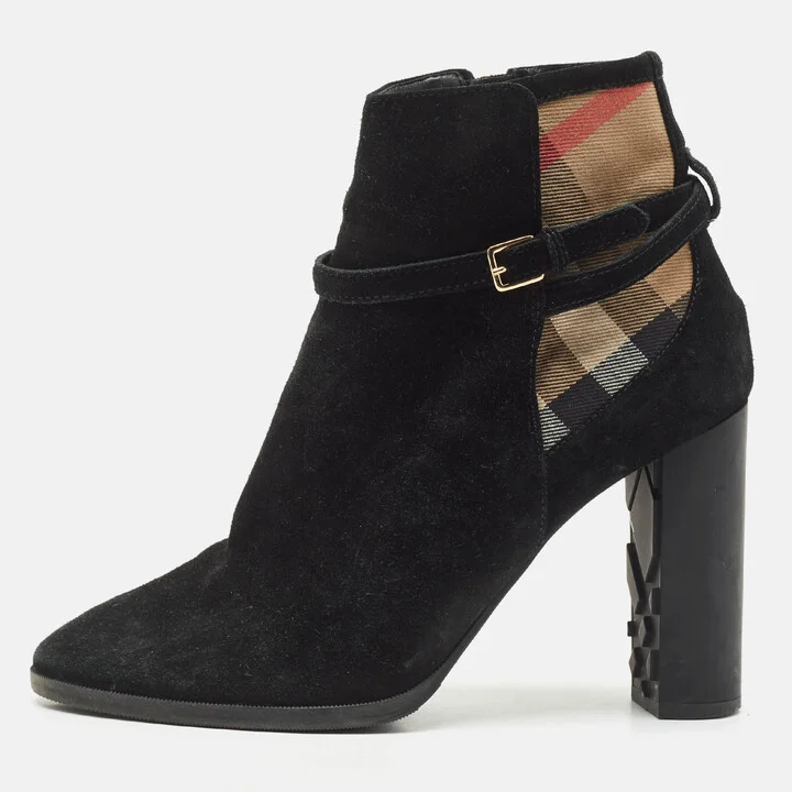 Burberry Black/Beige House Check Canvas and Leather Ankle Length Boots Size 38.5