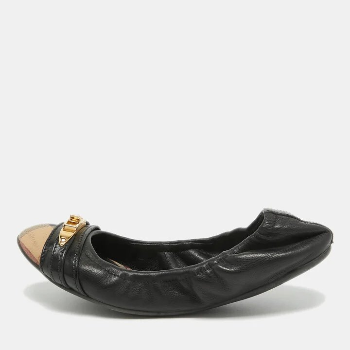 Burberry Black /Beige House Check Canvas and Leather Ballet Flats Size 35