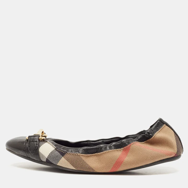 Burberry Black/Beige House Check Canvas and Leather Scrunch Buckle Ballet Flats Size 37.5