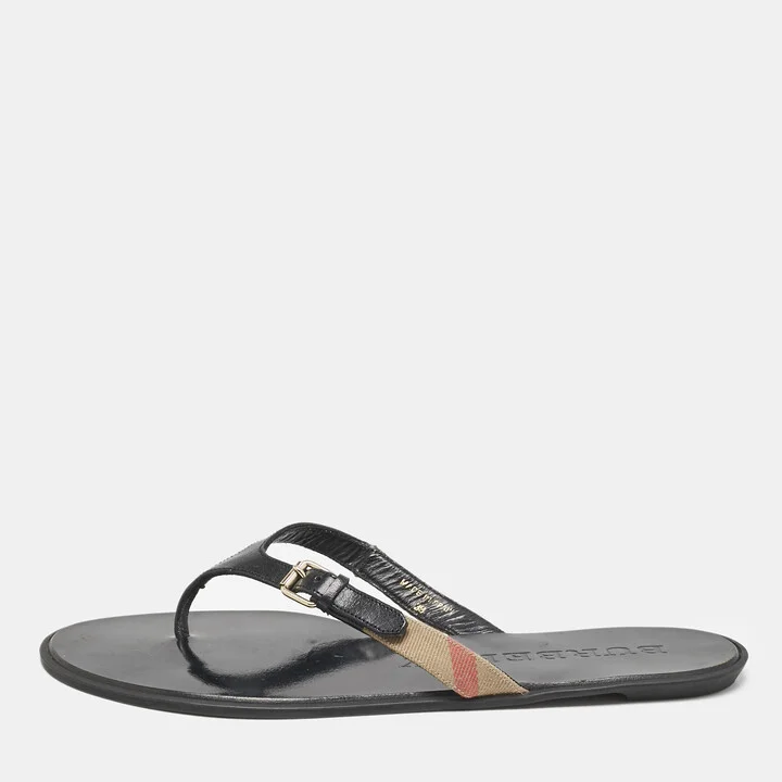 Burberry Black/Beige Leather and Canvas Masie Belted Check Thong Flats Size 39