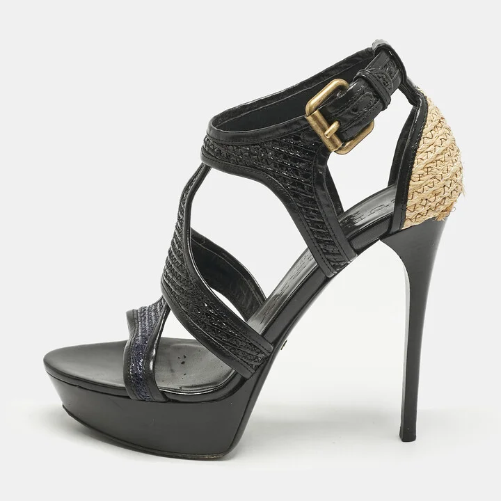 Burberry Black/Beige Leather and Raffia Prorsum Platform Sandals Size 38
