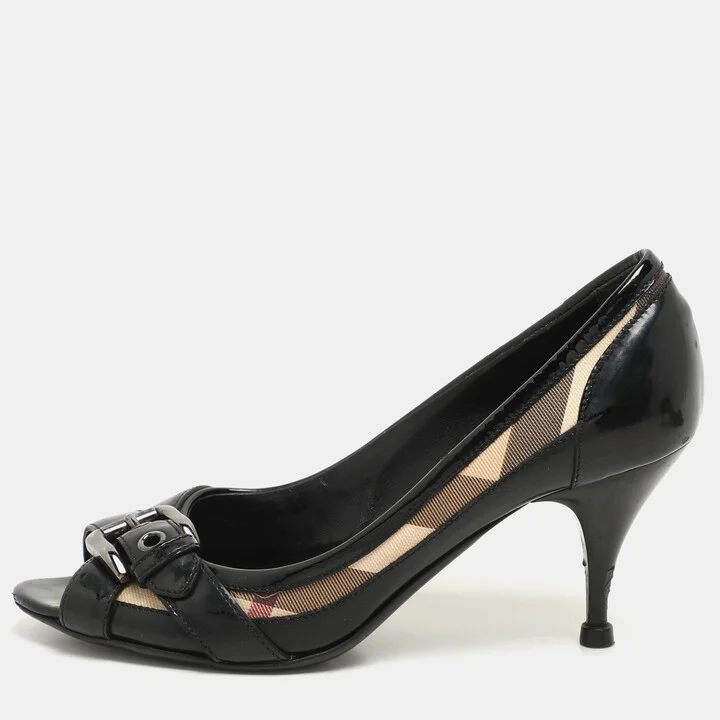 Burberry Black/Beige Patent Leather and Nova Check Coated Canvas Buckle Peep Toe Pumps Size 37