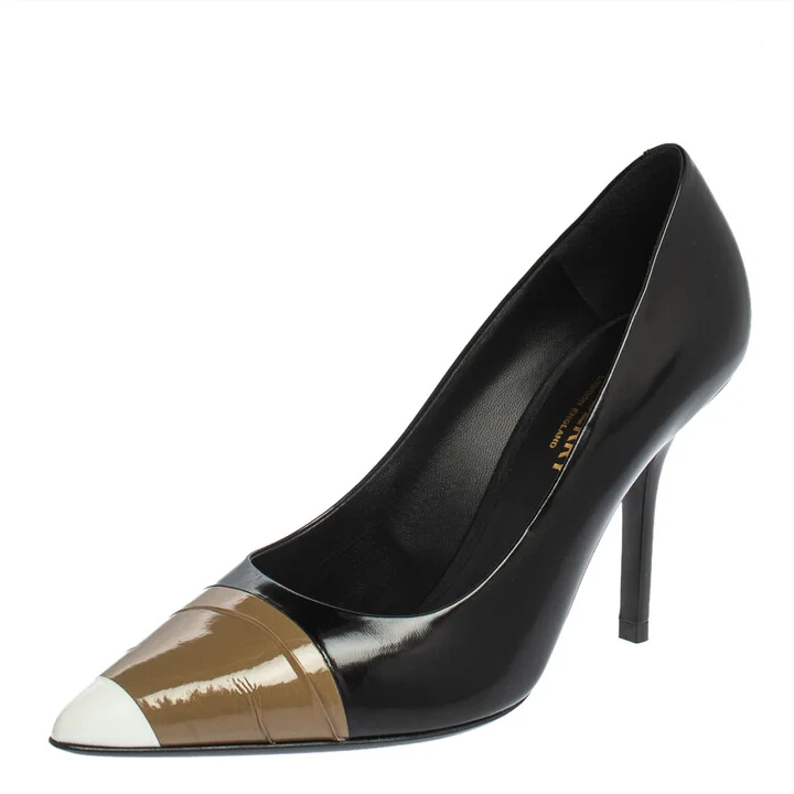 Burberry Black/Brown Leather And Patent Leather Pointed Toe Annalise Pumps Size 37