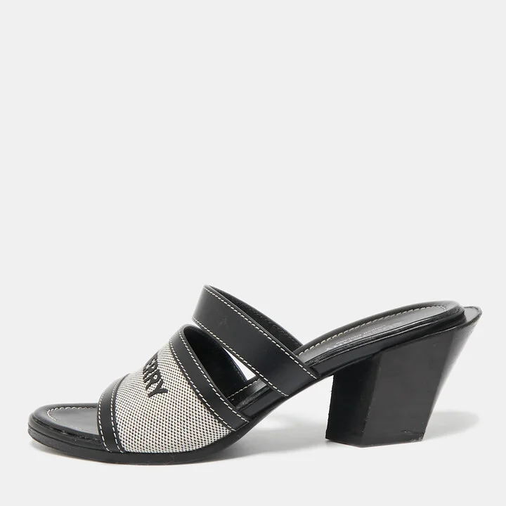 Burberry Black Canvas and Leather Honour Slide Sandals Size 38.5