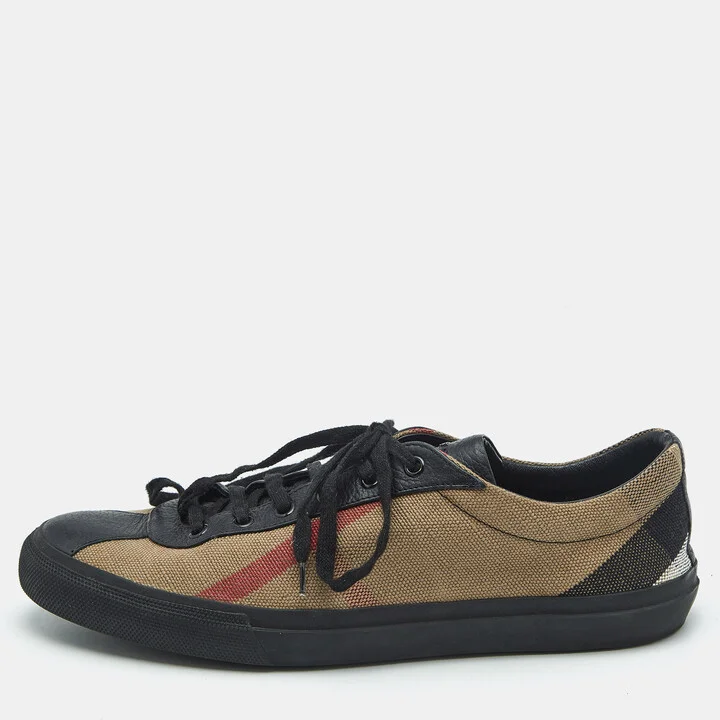 Burberry Black House Check Leather and Canvas Reeth Low Top Sneakers Size 43
