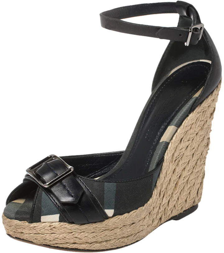Burberry Black Leather and Novacheck Canvas Buckle Detail Peep Toe Espadrille Wedge Sandals Size 36