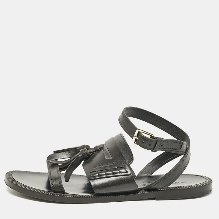 Burberry Black Leather Bethany Ankle Strap Flat Sandals Size 38