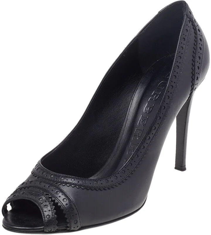Burberry Black Leather Brogue Peep Toe Pumps Size 41