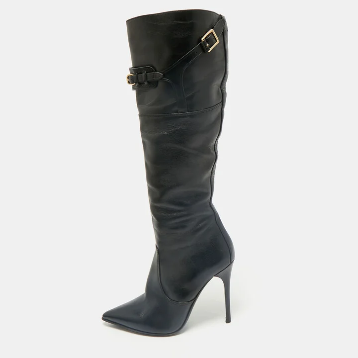 Burberry Black Leather Buckle Pointed Toe Knee Length Boots Size 38