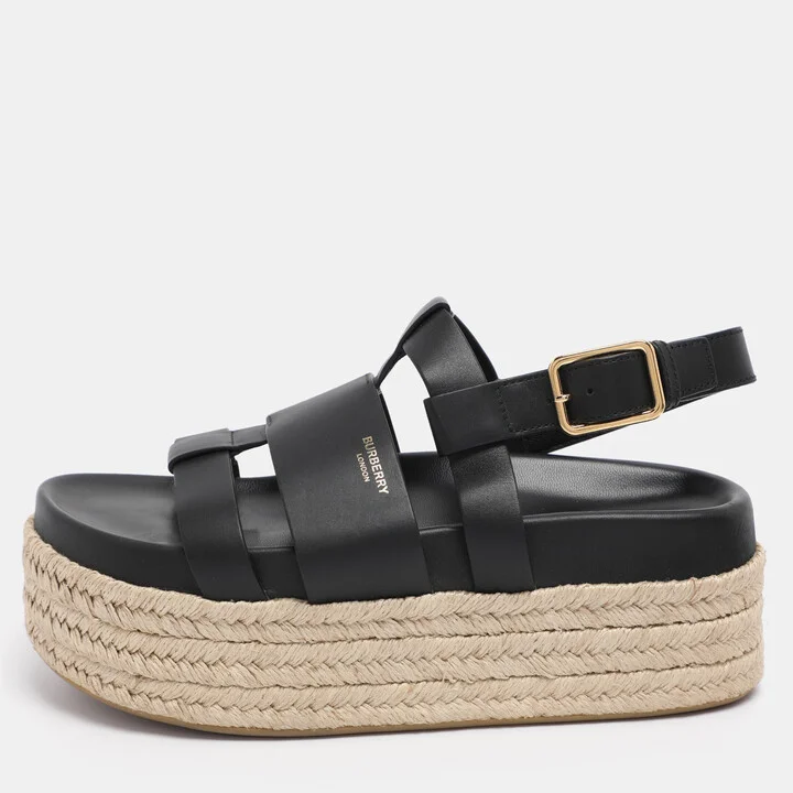 Burberry Black Leather Claredale Platform Sandals Size 38.5