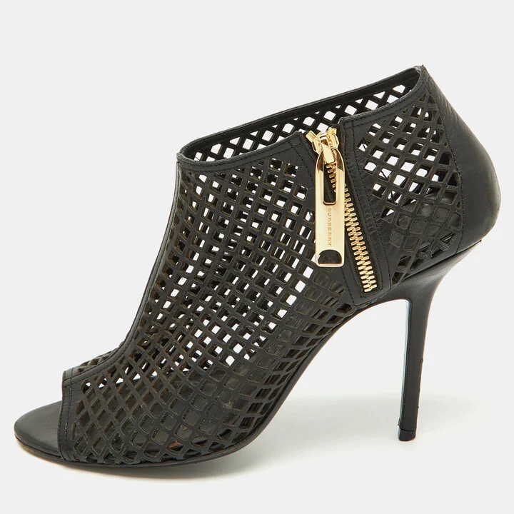 Burberry Black Leather Cut Out Open Toe Ankle Length Boots Size 39.5