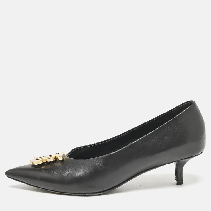 Burberry Black Leather Madelina TB Logo Pointed Toe Pumps Size 37