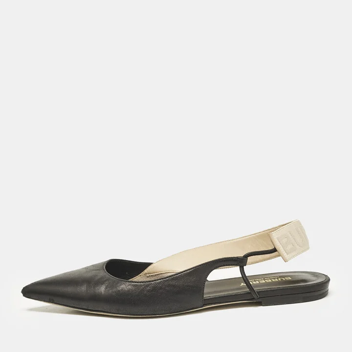 Burberry Black Leather Maria Logo Slingback Flats Size 37