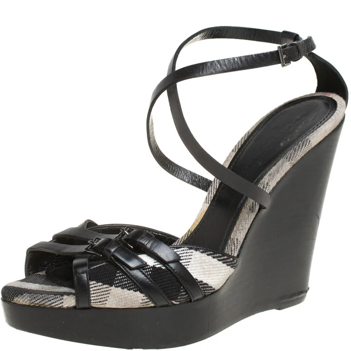 Burberry Black Leather Strappy Slingback Wedge Sandals Size 40