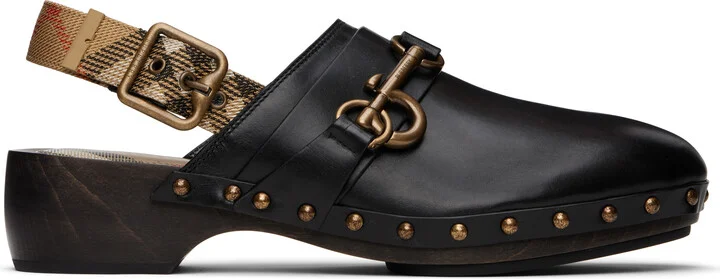 Burberry Black Leather Trunk Strap Clogs