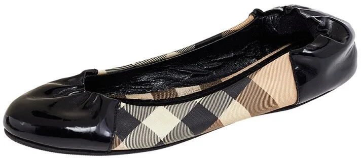 Burberry Black Patent Leather And Nova Check Coated Canvas Scrunch Ballet Flats Size 36