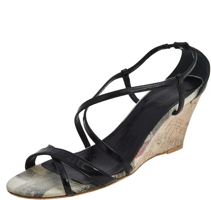 Burberry Black Patent Leather Criss Cross Open Toe Cork Wedge Sandals Size 38