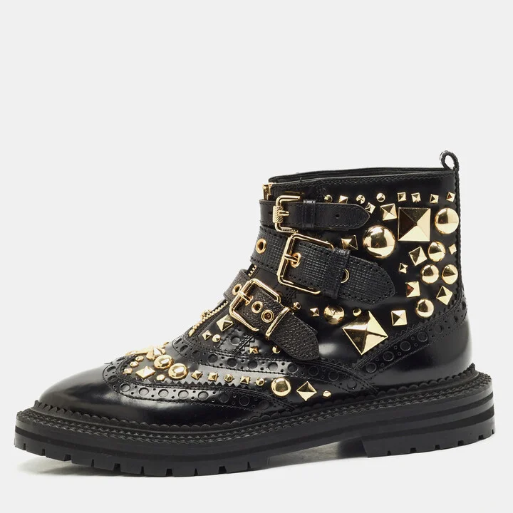 Burberry Black Studded Leather Everdon Ankle Boots Size 39
