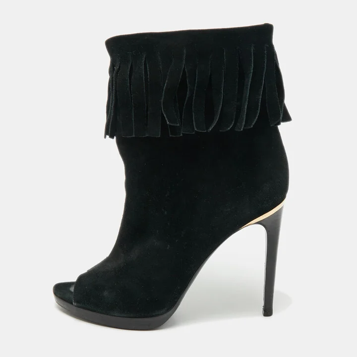 Burberry Black Suede Fringe Ankle Length Boots Size 37.5