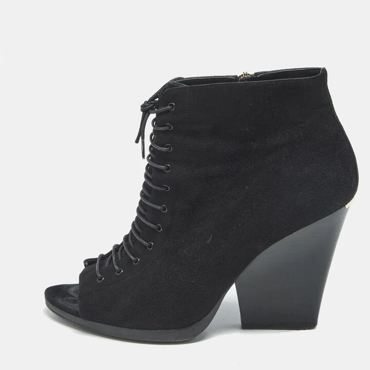 Burberry Black Suede Peep Toe Lace Up Booties Size 39