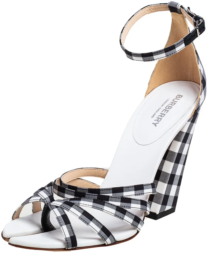 Burberry Black/White Checkered Fabric Hove Heel Ankle Strap Sandals Size 39