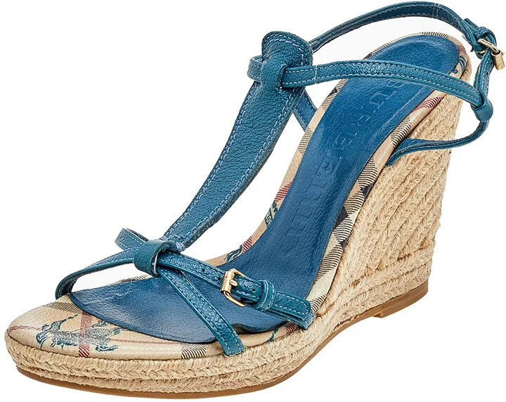 Burberry Blue Leather Strappy Espadrille Platform Wedge Sandals Size 37