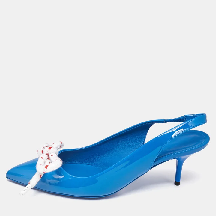 Burberry Blue Patent Leather Fink Bow Slingback Pumps Size 36.5