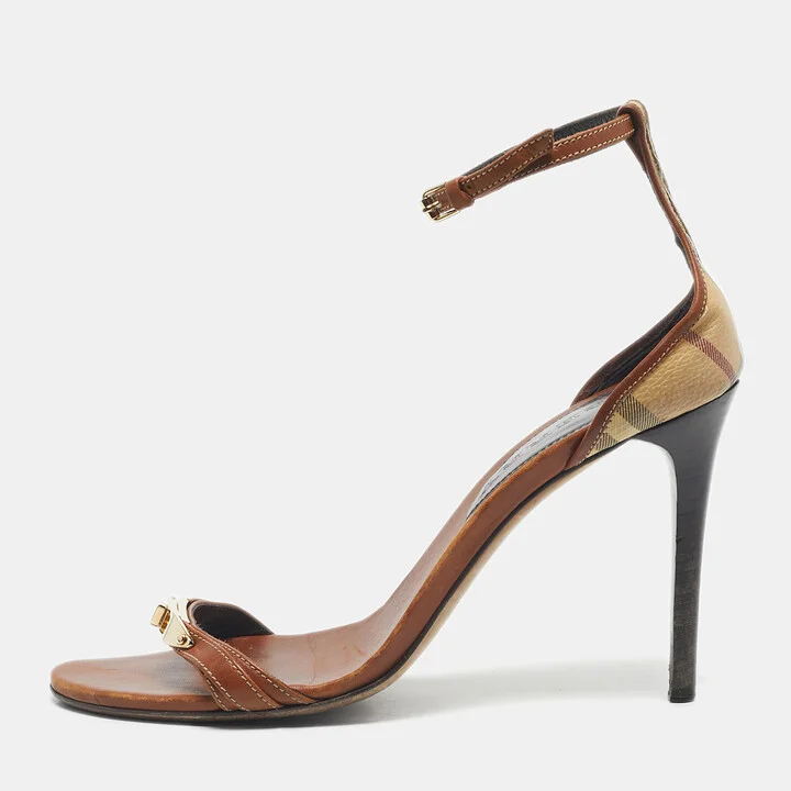 Burberry Brown/Beige House Check Canvas And Leather Ankle Strap Sandals Size 40
