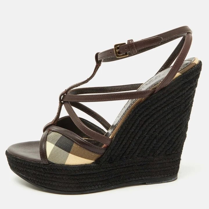 Burberry Brown/Beige Leather and Check PVC Platform Wedge Espadrille Sandals Size 38