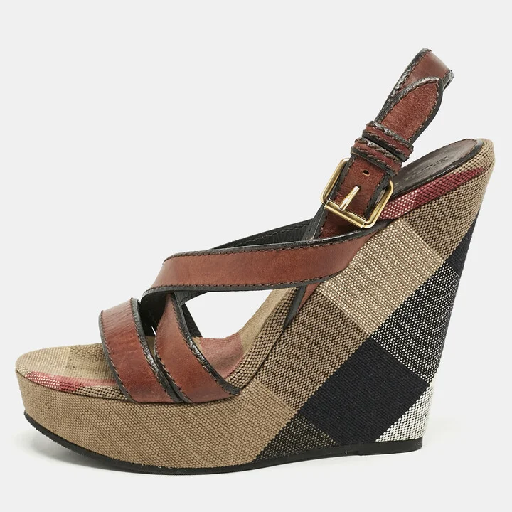 Burberry Brown Leather and Nova Check Canvas Wedge Sandals Size 40