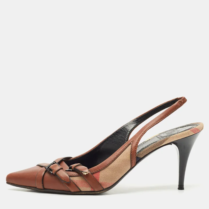 Burberry Brown Leather And Novacheck Buckle Slingback Sandals Size 39