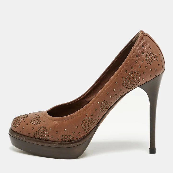 Burberry Brown Leather Studded Platform Pumps Size 38