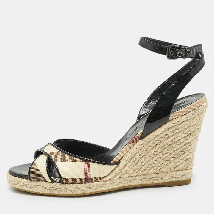 Burberry Brown Patent Leather and Nova Check Canvas Wedge Sandals Size 40