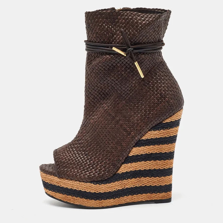 Burberry Brown Woven Leather Raffia Platform Wedge Ankle Length Boots Size 38